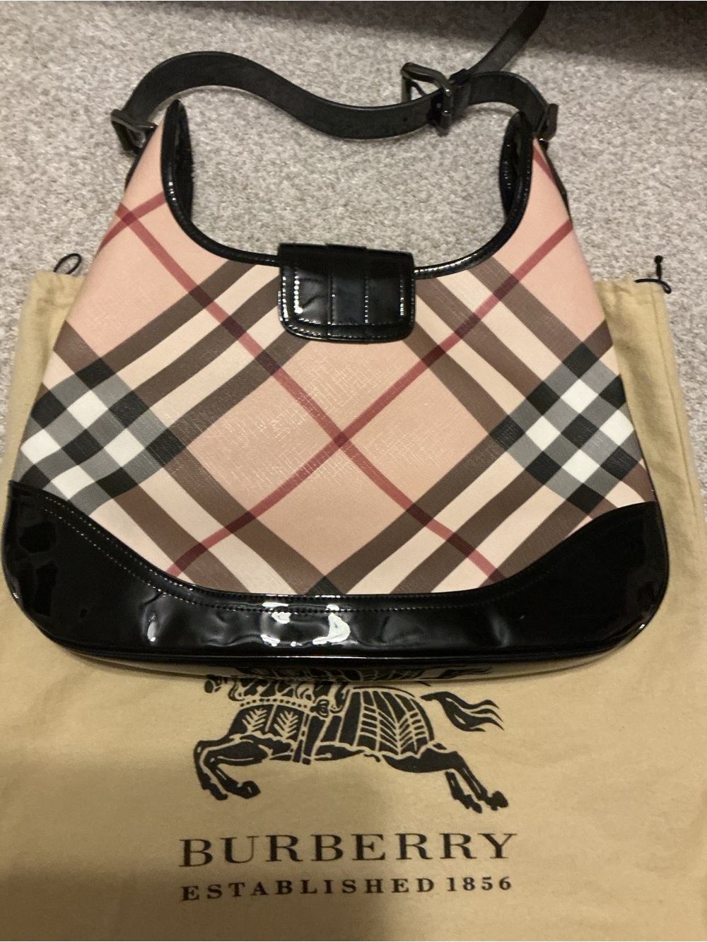 Burberry Pink Check Shoulder Bag with Black Patent Accents Small Wallet